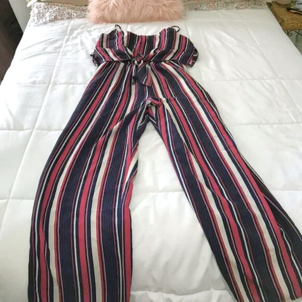 Striped Summer Jumpsuit Vintage 90s Y2K Romper Multicolor Spaghetti Straps L